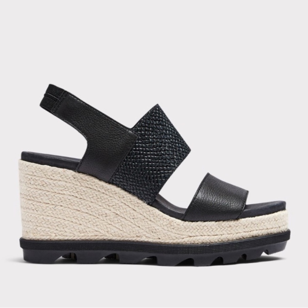 Sorel Joanie II Slingback Espadrille Wedge Sandals Black Leather SZ 7 - Picture 3 of 16